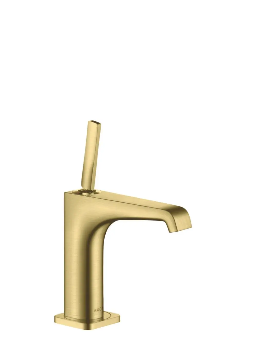 Einhebel-Waschtischmischer von AXOR mit schmalem Auslauf und einem Hebel, in gebürstetem Messing-Finish, auf rechteckiger Basis montiert.